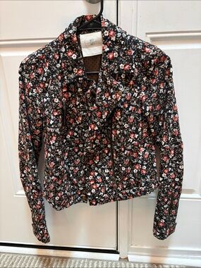 Anthropologie Hei Hei Black Floral Bomber Jacket with Red & White Blooms